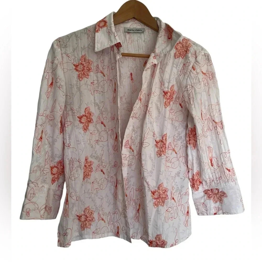 FREE with any purchase - Marie Claire button down shirt orange embroidered sz S